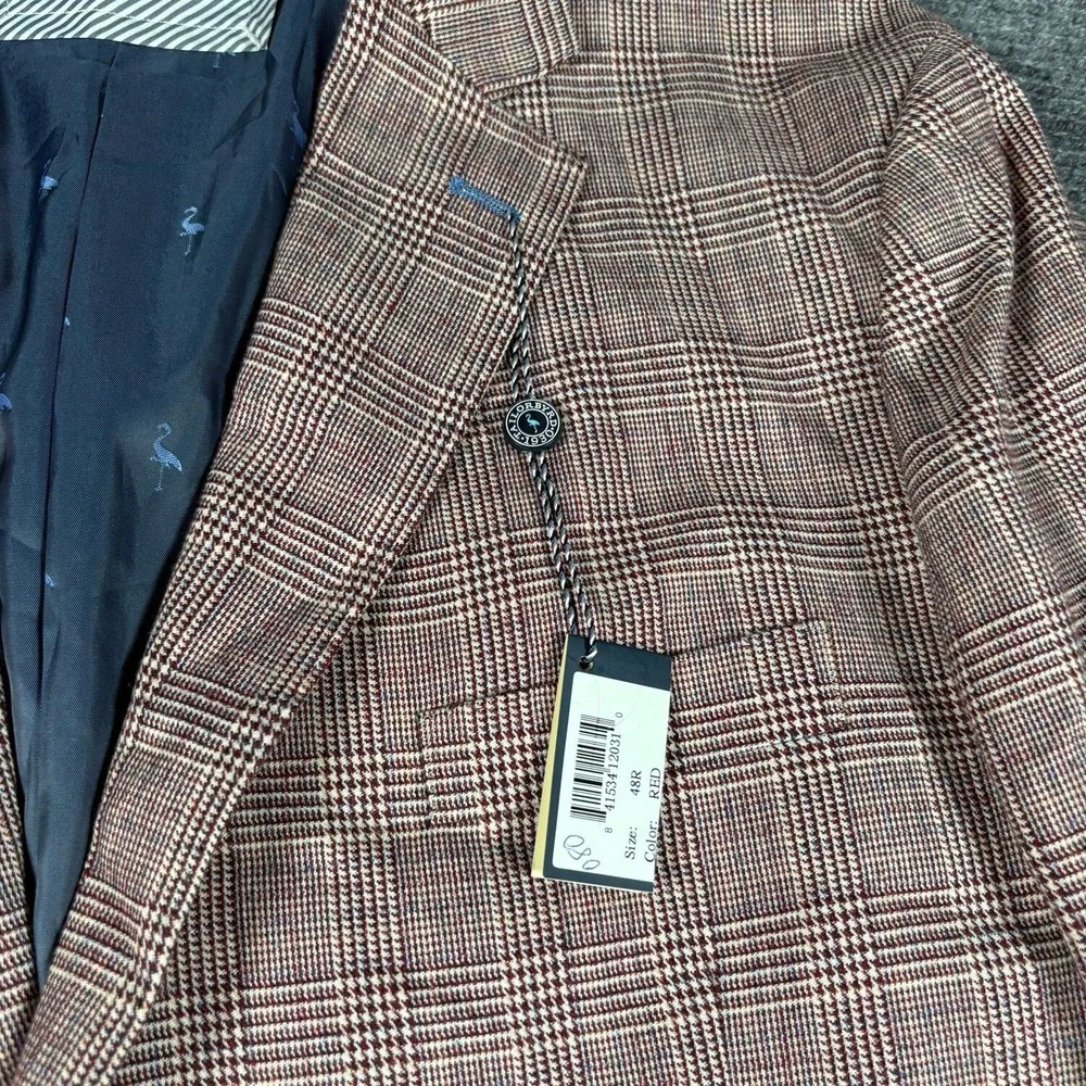 Tailorbyrd Sport Coat Mens 48R Red New Plaid Linen Blend Blazer 2 Button 5378